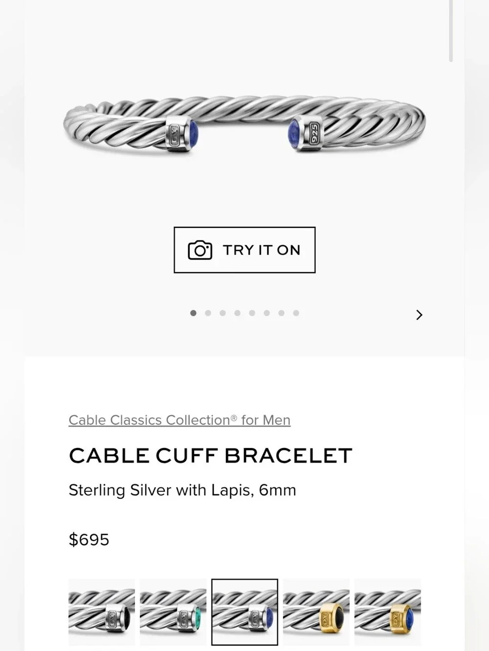 David Yurman Cable Cuff BraceletSterling Silver with Lapis 6mm
